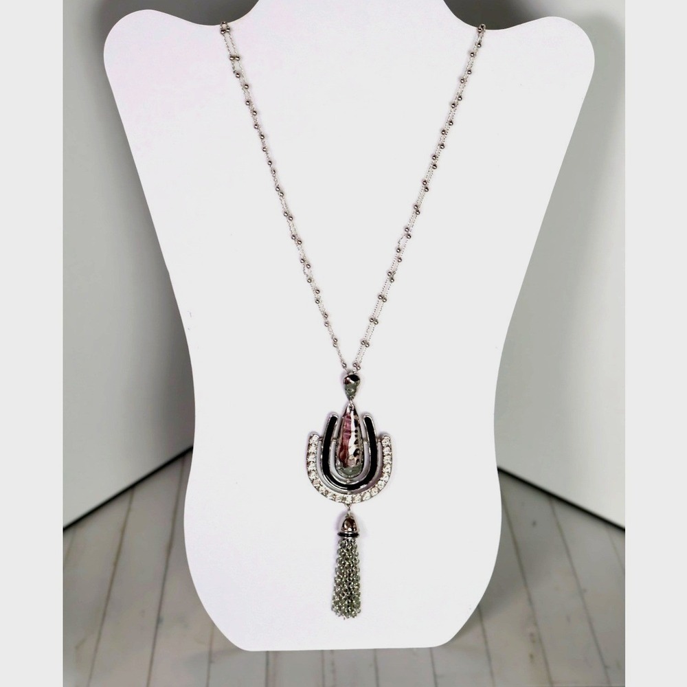 Chico's Long Silver Chain Horseshoe Black Enamel Crystal Tassel Pendant Necklace